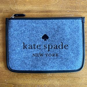 Kate Spade Ella large zip pouch grey felt embroidered flat envelope clutch